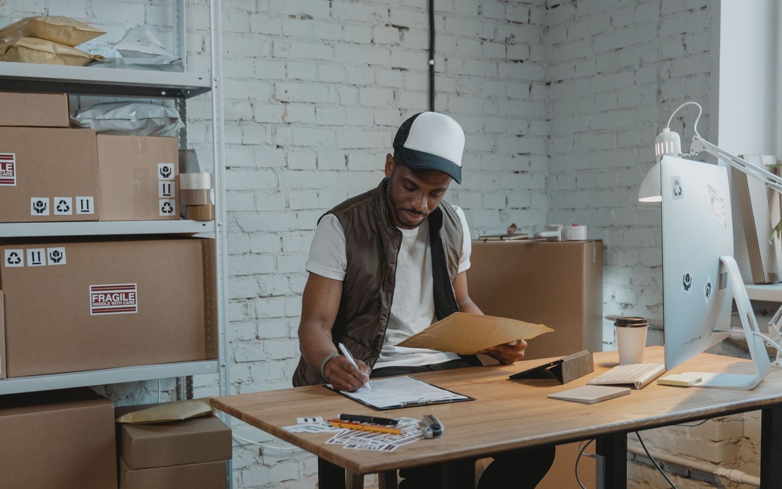 A founder sitting alone at a desk reviewing paperwork